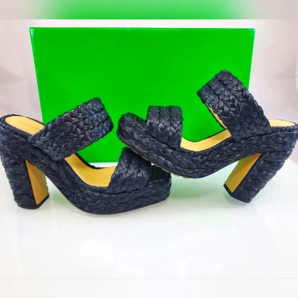 NEW$1,550 Bottega Veneta Trinity Braided Raffia Two-Band Platform Sandals Sz 10